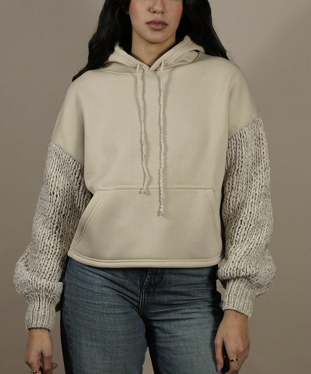 Beige Knit Hoodie