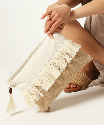 Beige Fringe Clutch