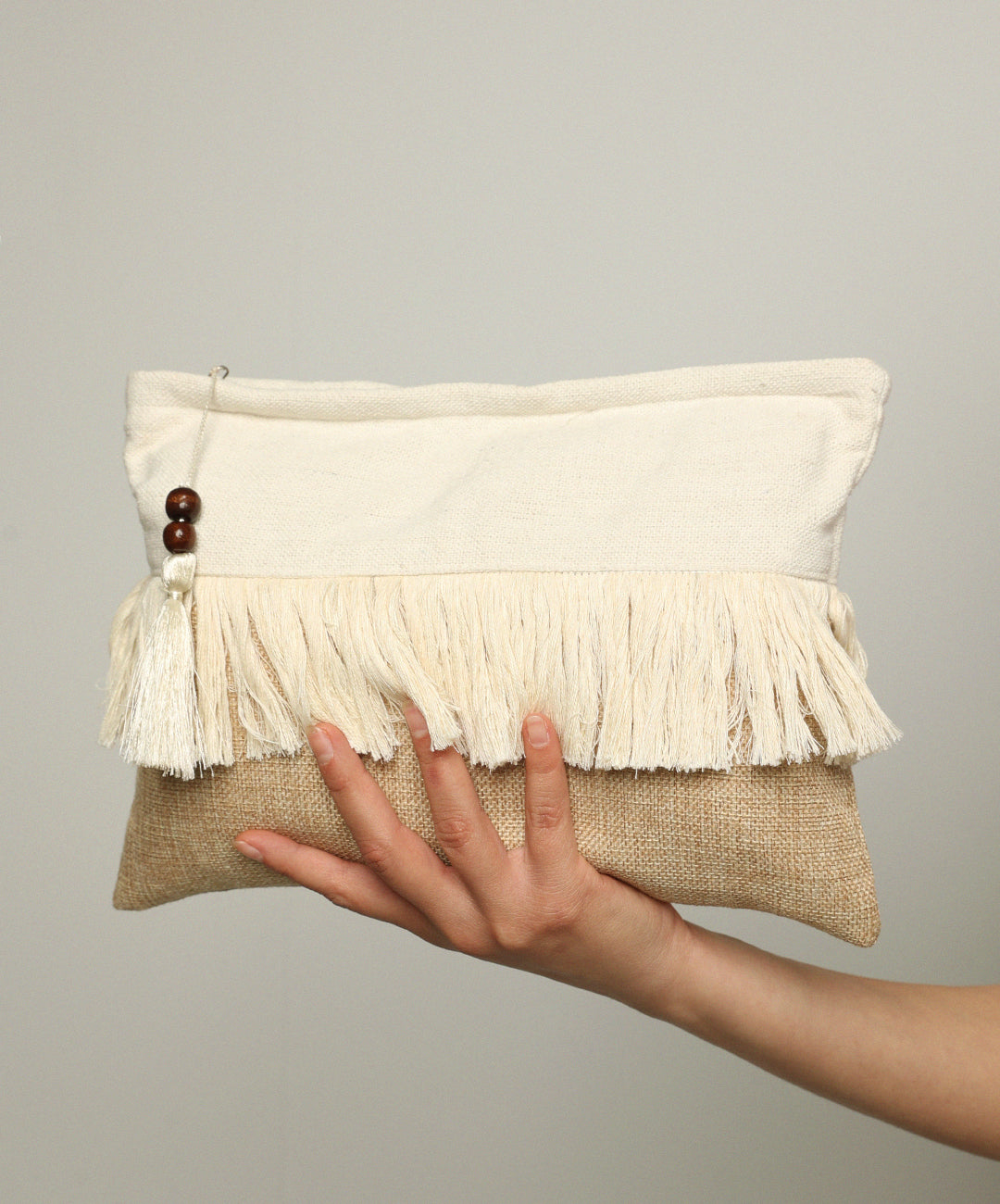 Beige Fringe Clutch