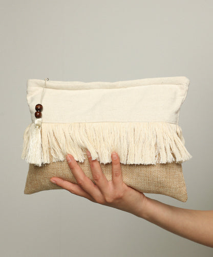 Beige Fringe Clutch