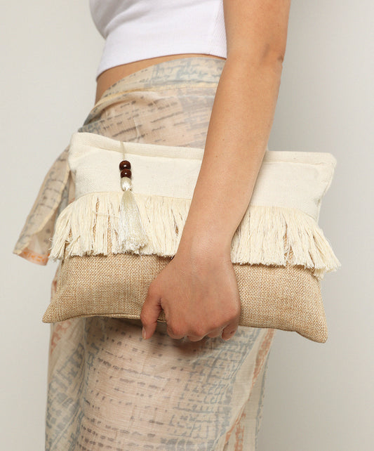 Beige Fringe Clutch