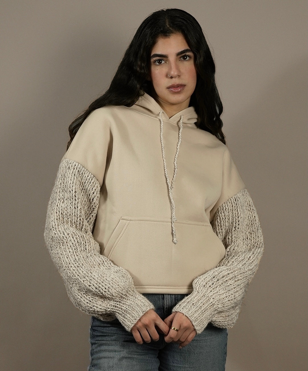 Beige Knit Hoodie